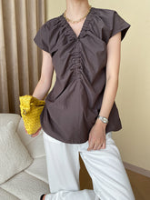 Elasticity Pleated Solid Color Split-Joint Flying Sleeves V-Neck Blouses&Shirts Tops