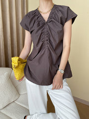 Elasticity Pleated Solid Color Split-Joint Flying Sleeves V-Neck Blouses&Shirts Tops