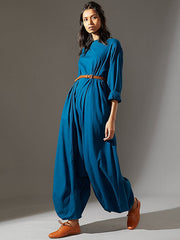 Casual Loose Long Sleeves Solid Color Boat Neck Jumpsuits
