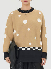 Contrast Color Polka-Dot Velvet Long Sleeves Loose Round-Neck Sweater Tops Pullovers