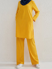 Round-Neck Long Sleeves Pockets Solid Color Split-Side Shirts Top + Pants Bottom Two Pieces Set