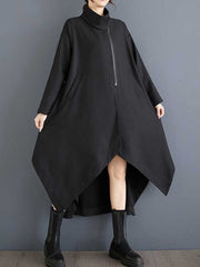 Pockets Solid Color Split-Joint Zipper High-low Long Sleeves Stand Collar Outerwear