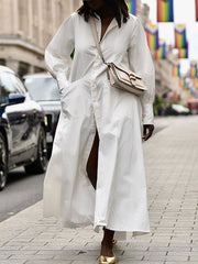 Buttoned Pockets Solid Color Long Sleeves Loose Lapel Shirt Dress Maxi Dresses