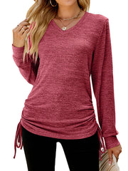 Drawstring Solid Color Tied Long Sleeves Loose V-Neck T-Shirts Tops