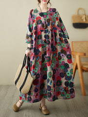 Flower Print Pockets Split-Joint Long Sleeves Loose Round-Neck Midi Dresses
