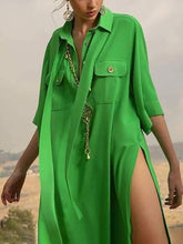 Buttoned Pockets Split-Side Tied Half Sleeves Loose Lapel Maxi Dresses