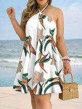 Contrast Color Floral Printed Loose Sleeveless Halter-Neck Mini Dresses