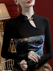 Hollow Pleated Printed Split-Joint Long Sleeves Plus Size Stand Collar T-Shirts Tops