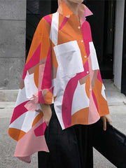 High-Low Long Sleeves Contrast Color Printed Split-Joint Split-Side Lapel Blouses