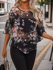 Flower Print See-Through Batwing Sleeves Half Sleeves Round-Neck Cover-Ups Tops Blouses&Shirts Tops