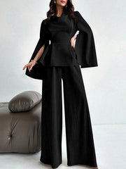 Long Sleeves Solid Color Split-Joint Tied Waist V-Neck Blouses&Shirts Tops