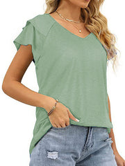 Falbala Solid Color Split-Joint Loose Short Sleeves V-Neck T-Shirts