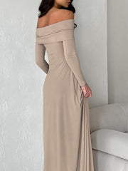 Solid Color High Waisted Long Sleeves Off-The-Shoulder Maxi Dresses