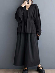 Pleated Solid Color Batwing Sleeves High-Low V-Neck Blouses&Shirts Tops