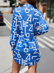 Buttoned Contrast Color Letter Print Long Sleeves Lapel Mini Dresses