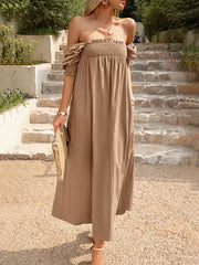 Pleated Solid Color Bishop Sleeve Loose Square-neck Midi Dresses