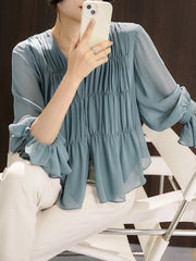 Pleated Solid Color Split-Front Flared Sleeves Long Sleeves V-Neck Blouses&Shirts Tops