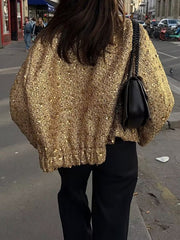 Elasticity Sequined Split-Joint Long Sleeves Loose Stand Collar Outerwear