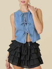 Lace-Up Split-Joint Loose Sleeveless Round-Neck Vest Top