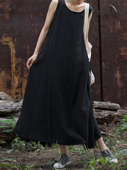 Drawstring Solid Color Split-Joint Tied Waist Loose Sleeveless Round-Neck Midi Dresses