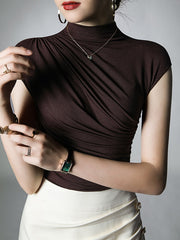 Pleated Solid Color Skinny Mock Neck T-Shirts Tops