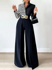 Houndstooth Split-Joint Long Sleeves Loose Lapel Blouses