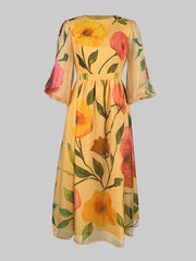 Loose Puff Sleeves Flower Print See-Through Round-Neck Midi Dresses