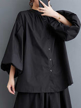 Buttoned Hollow Pleated Solid Color Loose Nine-Minute Sleeve Round-Neck Blouses&Shirts Tops