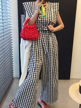 Plaid Pockets Tied Waist High Waisted Loose Round-neck Jumpsuits