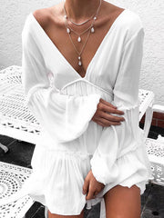 Backless Elasticity Pleated Solid Color Split-Joint A-Line Long Sleeves Deep V-Neck Mini Dresses