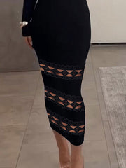 Hollow Solid Color Split-Joint Bodycon Long Sleeves Off-The-Shoulder Midi Dresses