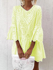 Embroidered Hollow Solid Color Split-Joint A-Line Flared Sleeves V-Neck Mini Dresses