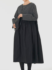 Contrast Color Elasticity Pleated Polka-Dot Split-Joint Long Sleeves Loose Round-Neck Midi Dresses