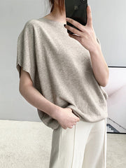 Solid Color Half Sleeves Loose Off-The-Shoulder Sweater Tops Pullovers Knitwear
