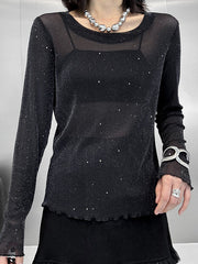 See-Through Shiny Long Sleeves Loose Round-Neck T-Shirts Tops