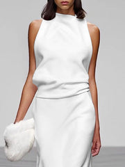 Loose Sleeveless Solid Color High-Neck Vest Tops&Skirts Bottoms Two Pieces Set