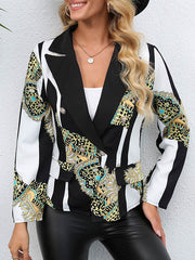 Buttoned Pockets Printed Long Sleeves Loose Notched Collar Outerwear Blazer
