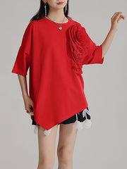 Asymmetric Solid Color Three-Dimensional Flower Loose Short Sleeves Round-Neck T-Shirts Tops