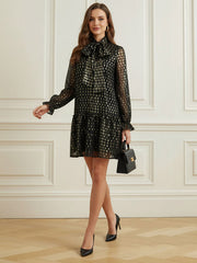 Long Sleeves Puff Sleeves Pleated Polka Dot Shiny Split-Joint High Neck Mini Dresses