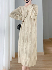 Simple Loose Long Sleeves Jacquard Solid Color Round-Neck Midi Dresses