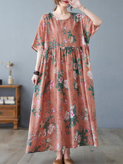 Artistic Retro Loose Original Floral Printed Pleated Midi Dress