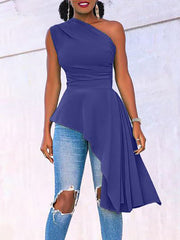 Asymmetric Pleated Solid Color Loose Sleeveless One-shoulder Vest Top