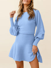 Solid Color Puff Sleeves Wrap Round-Neck Sweater Dress