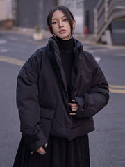 Urban Long Sleeves Buttoned Asymmetric Solid Color Stand Collar Padded Coat