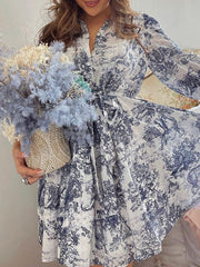 Pleated Printed Split-Joint Tied Waist Loose Puff Sleeves Lapel Shirt Dress Mini Dresses