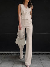 Solid Color Sleeveless Asymmetric Split-Joint V-Neck Vest Tops + Straight Leg Pants Suits Two Pieces Set