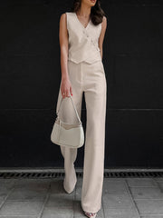 Solid Color Sleeveless Asymmetric Split-Joint V-Neck Vest Tops + Straight Leg Pants Suits Two Pieces Set