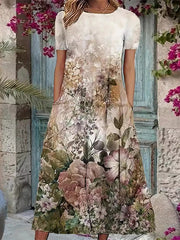 Floral Printed Short Sleeves Round-neck Midi Dresses