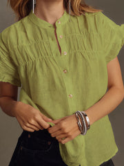 Pleated Ruffled See-Through Split-Joint Loose Short Sleeves Round-neck Blouses&shirts Tops