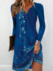Long Sleeves Loose Floral Printed V-neck Maxi Dresses Mini Dresses